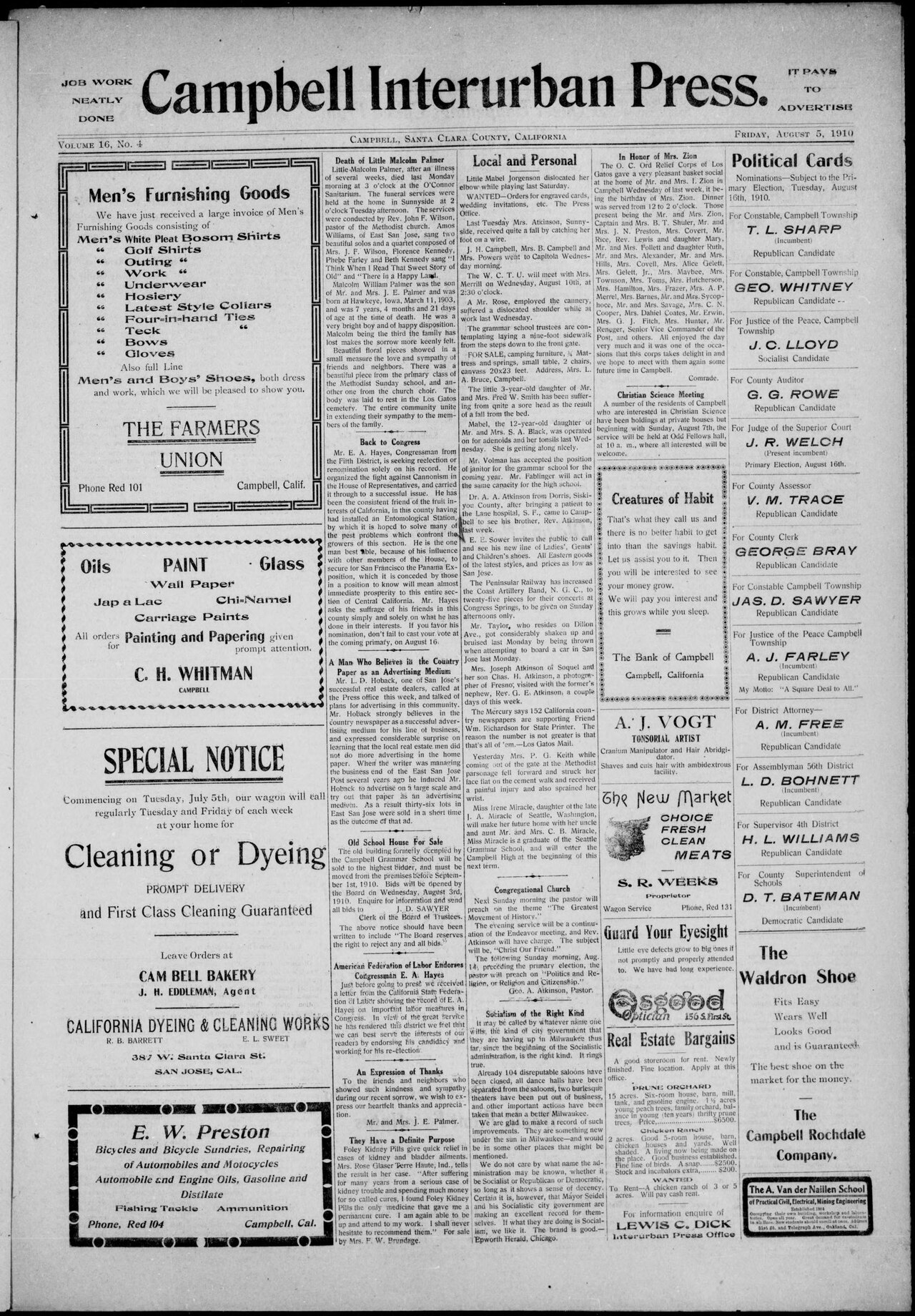 Scanned 1910 issue of the Campbell Interurban Press